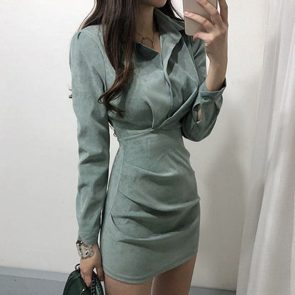 maoxiangshop New Korean Chic Turn Down Collar Single Breast Tie vintage Dress High Waist Hip Pleat Bodycon Vestidos Solid Temperament Ropa