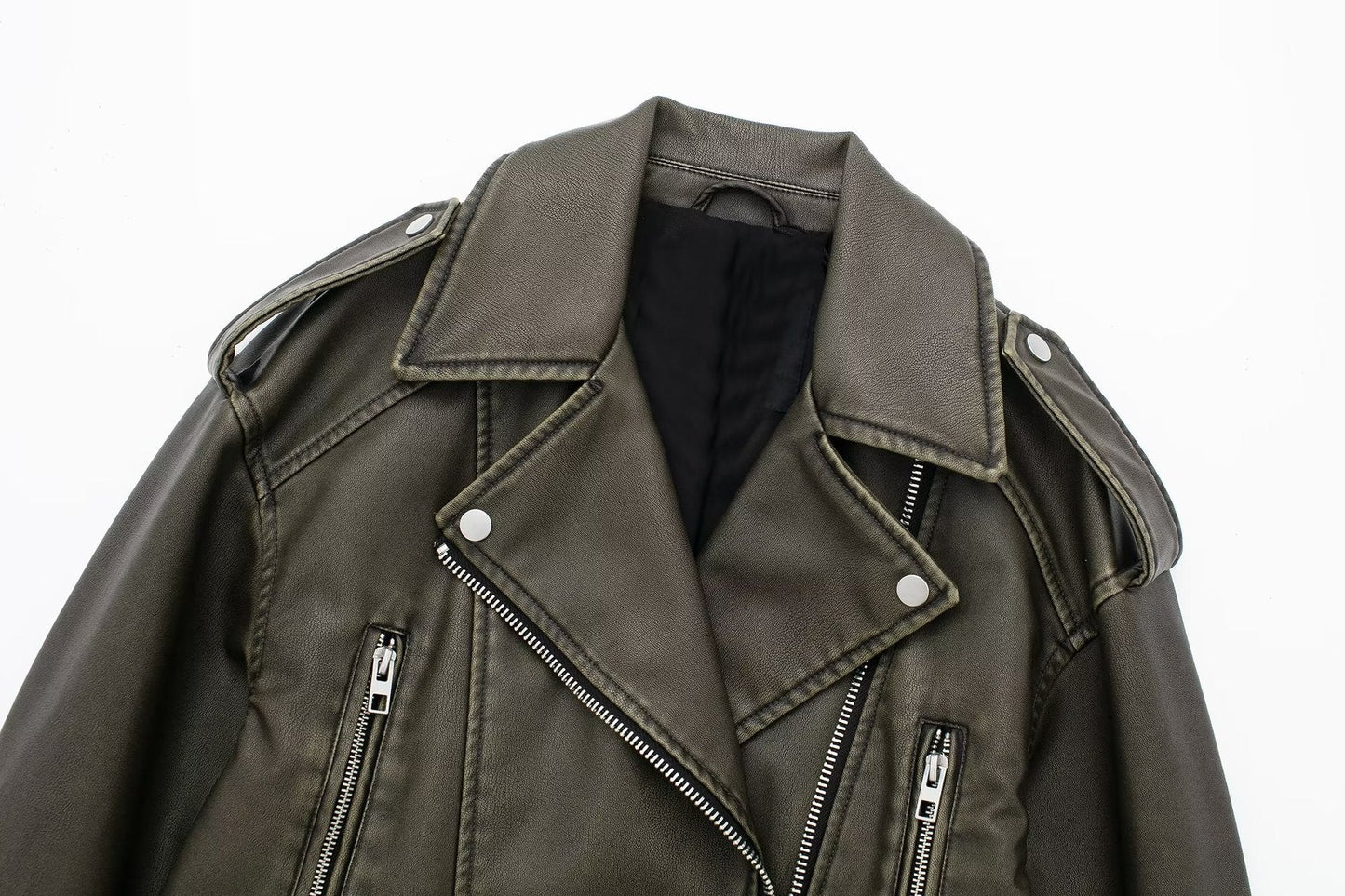 maoxiangshopWomen Vintage Loose Pu Faux Leather Short Jacket with Belt Streetwear Female Zipper Retro Moto Biker Coat Outwear Tops