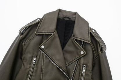 maoxiangshopWomen Vintage Loose Pu Faux Leather Short Jacket with Belt Streetwear Female Zipper Retro Moto Biker Coat Outwear Tops