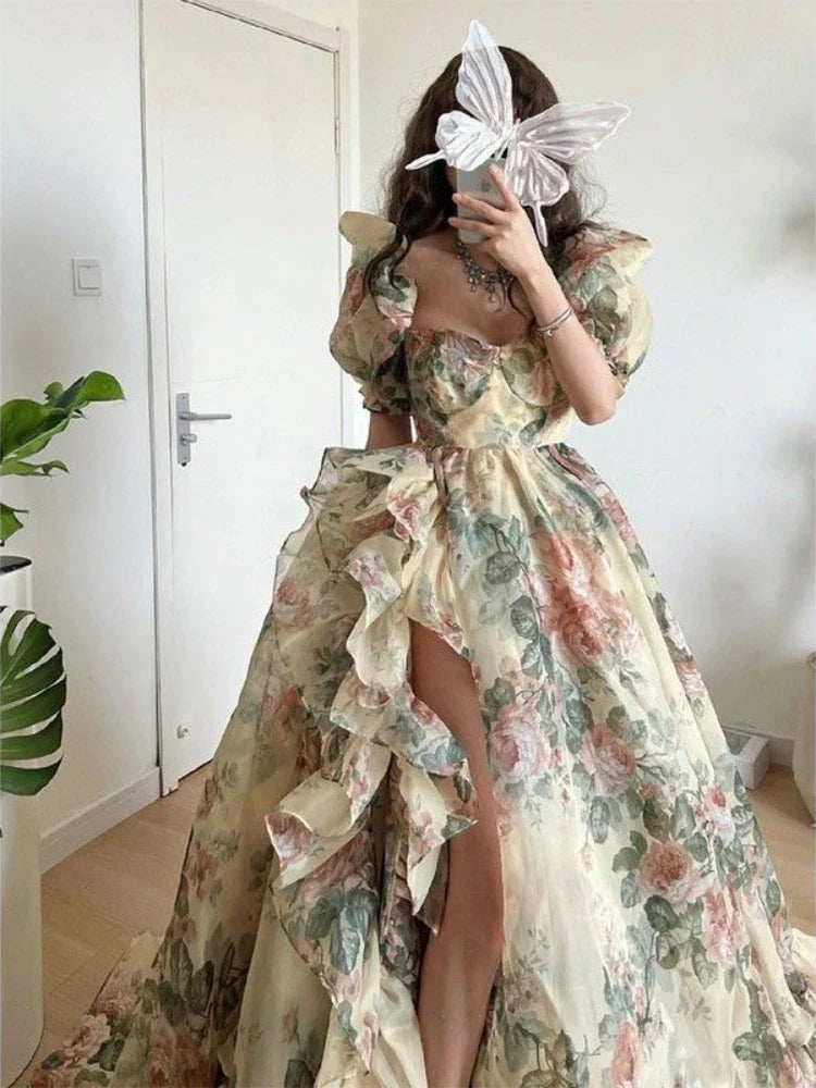 maoxiangshop Floral Print Evening Party Dress Women 2024 Spring OutfitsPuff Sleeve Elegant Princess Long Dres Ladies France Vintage Open Fork Dress Summer