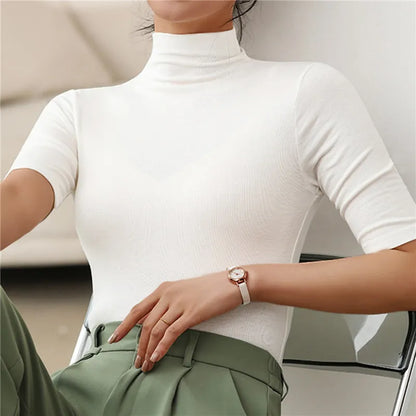 maoxiangshop1 Basic Cotton T Shirt Women Turtleneck Slim Tshirt Short Sleeve T-shirts Female Casual Elasticity White Tee Shirt Femme Woman Top