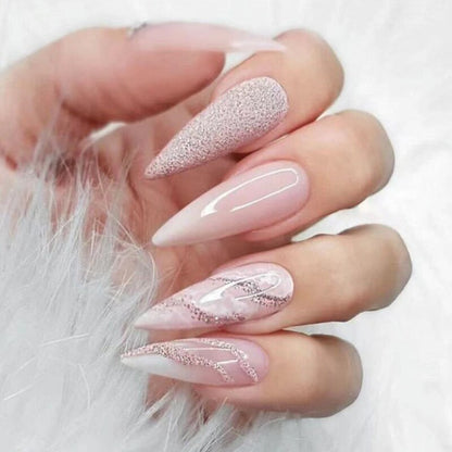 24Pcs Long Stiletto Fake Nail Pink Marble Design Wearable French Almond False Nails Full Cover Press on Nails DIY Stick on Nails