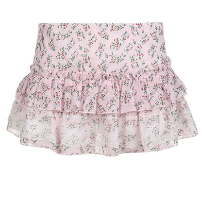maoxiangshop Coquette Pink Mini Skirt Women Y2k Low Waist Lace Patchwork Cute Sexy Fairycore Mesh Floral Skirt Summer Mori Girl