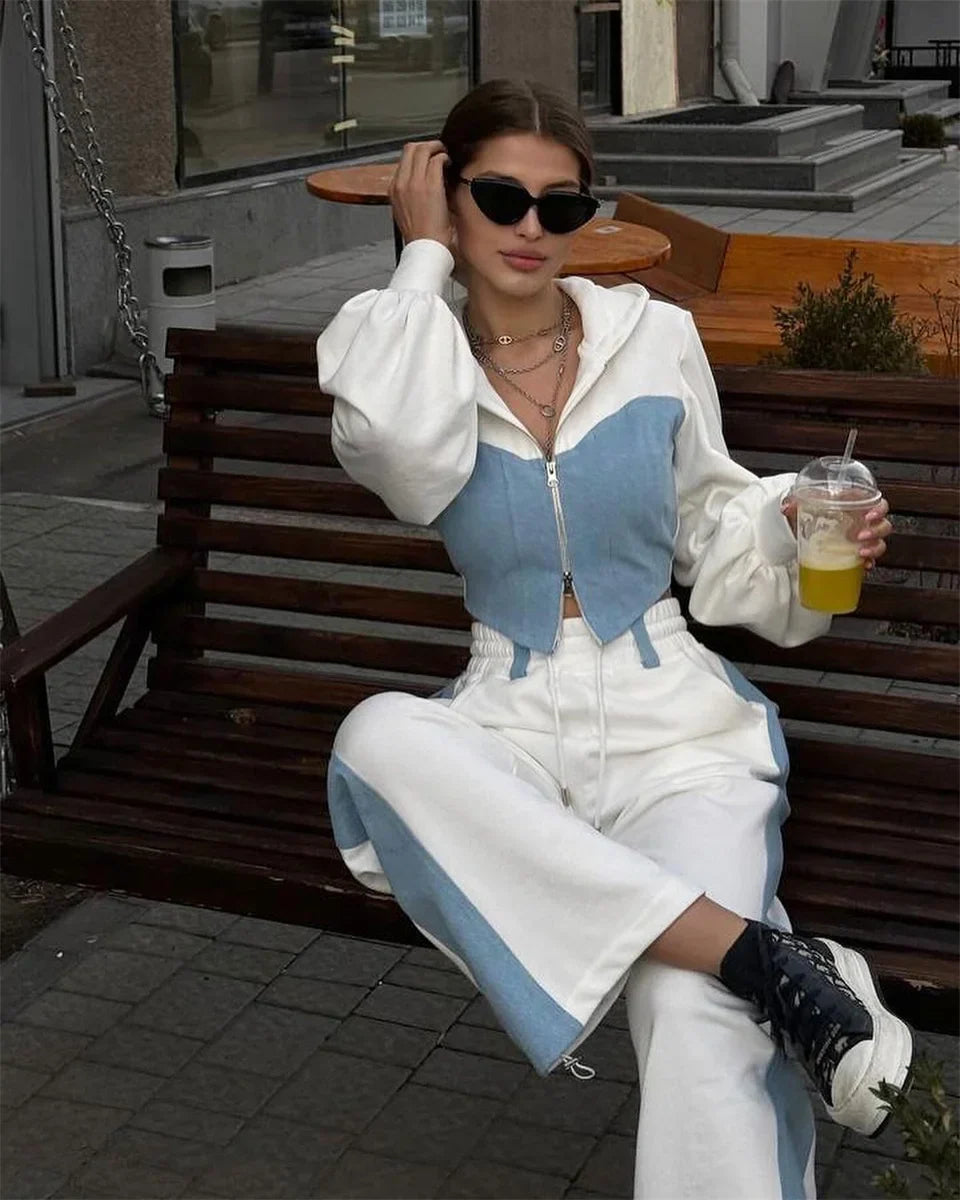 maoxiangshop  -  Women Casual Contrast Hoodies Pants Sets Slim Zipper Short Hooded Coats Lace Up Wide Leg Pant 2024 Autumn Lady Fashion Tracksuit