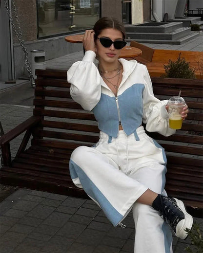 maoxiangshop  -  Women Casual Contrast Hoodies Pants Sets Slim Zipper Short Hooded Coats Lace Up Wide Leg Pant 2024 Autumn Lady Fashion Tracksuit