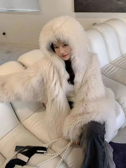 Women's Coat New In Fashion Hooded Solid Color Jacket Elegant Tops Temperament Style Winter Commuting Streetwear Fur Coat Women