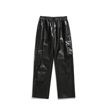maoxiangshop 90s Streetwear Black Leather Pants Men Oversized Retro Pocket Cargo Pants Men Streetwear Hip-hop Loose Wide Leg Pants Mens Motorcycle Trousers