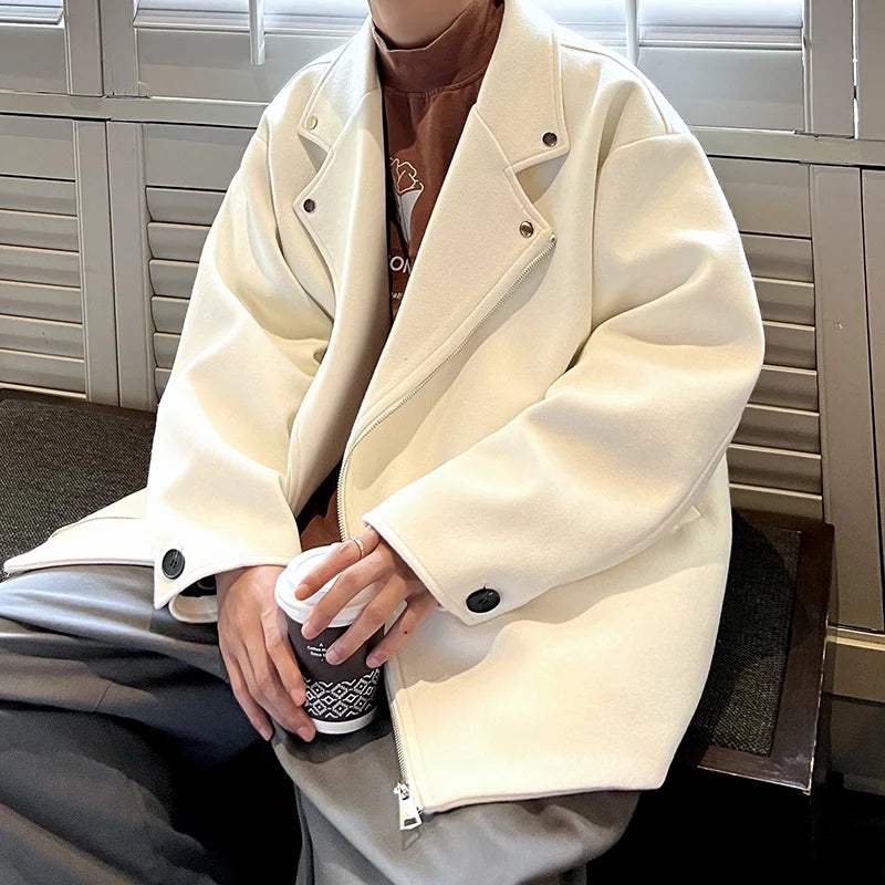 maoxiangshop MEN WINTER OUTFIT Winter Thickened Short Woolen Coat Men Warm Casual Zipper Woolen Jacket Men Korean Loose Thick Woolen Coat Mens Jackets Coat