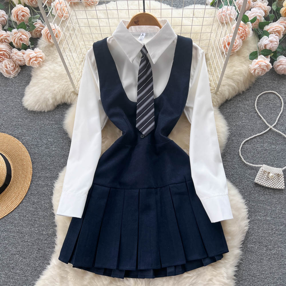 Autumn Pleated Dress High Waist Vest Preppy Style Suit Women's Puff Sleeve Top Mini Dress Two Piece Sets Womens Outifits