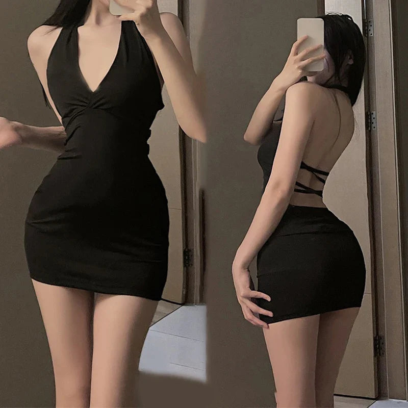 maoxiangshop Women Sexy Halter Backless Slim V-neck Wrap Black Party Night Mini Dress