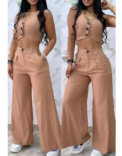 maoxiangshop Sexy Womens Two Piece Sets Outfit Buttoned Vest Coat & Wide Leg Pants Set New Fashion Casual Elegant Female Suit