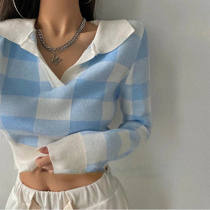 maoxiangshop Autumn Winter Vintage Knitwear Crop Tops Women Pullover Sweaters Fashion Female Long Sleeve Elastic Casual Plaid Knitted Shirts