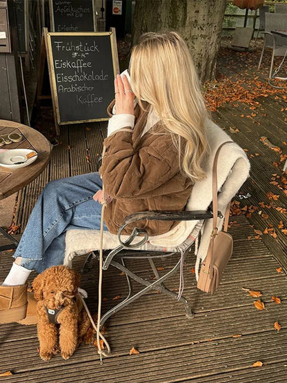 maoxiangshop  -  Vintage Brown Lace Up Women's Coats Quilted V-neck Pockets Long Sleeve Warm Jacket 2024 Autumn Winter Lady All-match Outwear