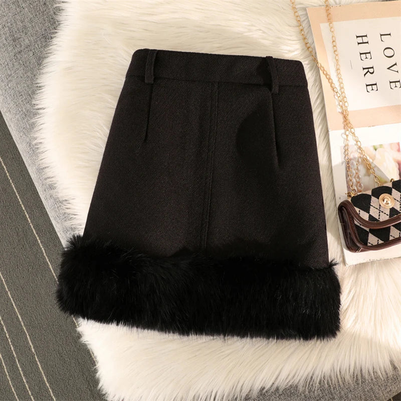 Streetwear Mini Skirt Women Y2K Faux Fur Patchwork A Line Skirts Autumn Winter Vintage Korean High Waist Slim Black Skirt