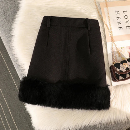 Streetwear Mini Skirt Women Y2K Faux Fur Patchwork A Line Skirts Autumn Winter Vintage Korean High Waist Slim Black Skirt