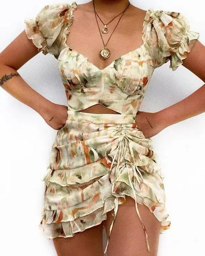 maoxiangshop Women's  Spring Summer New Fashion Print Drawstring Ruffle Edge Sexy Off Waist Short Sleeve Casual Office Dress