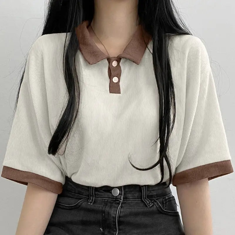 maoxiangshop Spring Summer Autumn Korean Casual Polo T-Shirt Female Pullover Fashion Women Blouse Simple Preppy Style Student Loose Soft