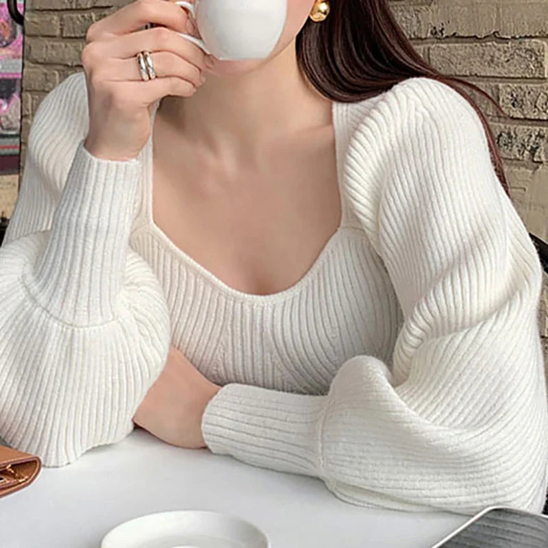 maoxiangshop Women Casual Office Sweaters Square Collar Solid Elegant Sweater Lantern Long Sleeve Knit Jumpers Women Fall Winter