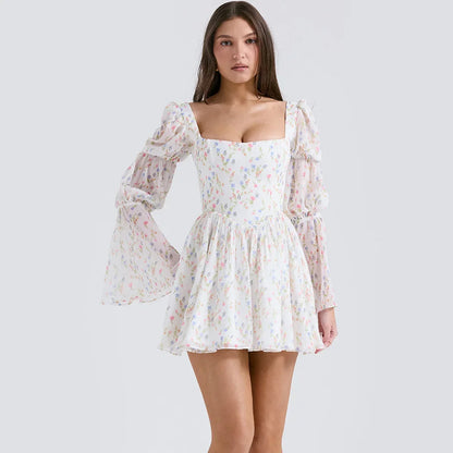 Summer Holiday Dress Square Neck Lantern Sleeve Chiffon Dress Casual Birthday Party Dresses Women's Clothing