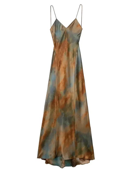 maoxiangshop-Summer New Women's Open Back Sleeveless Dress Fashion Satin Mid Length Dress Printed Sexy V Neck Sling Dress