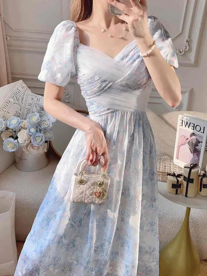 maoxiangshop-Sweet Floral Printed Women Dress Vintage Square Collar Puff Sleeve Dress Robe Female Sundress Summer Chic Princess Dress Vestido