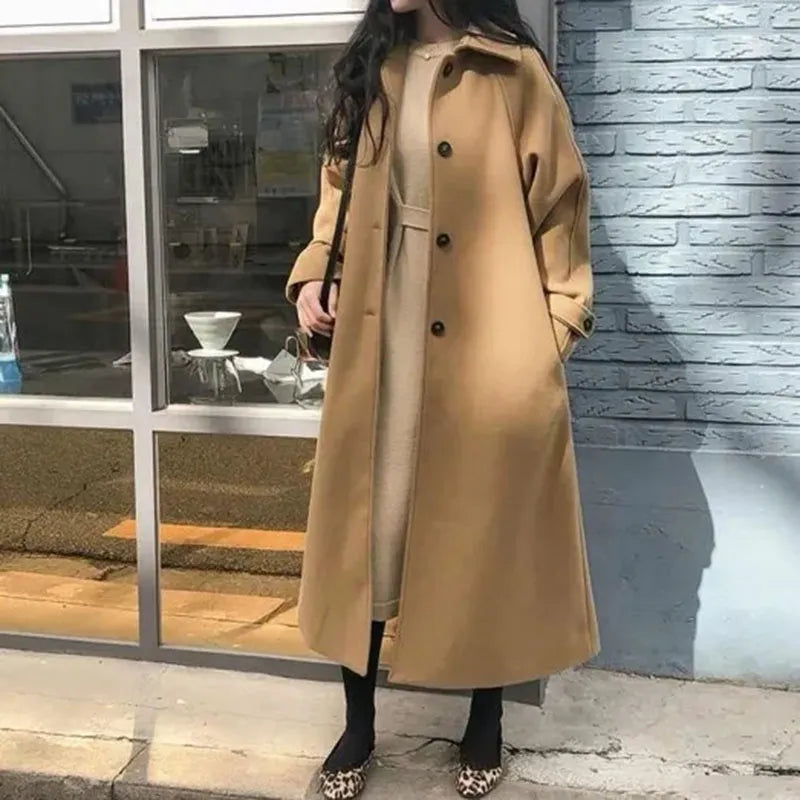 maoxiangshop Winter Korean Women Faux Woolen Coats Fashion Elegant Solid Belt Thickening Long Jacket Female Loose All Match Blends Outwear