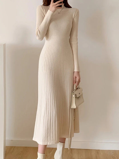 Autumn Winter Slim Long Sleeve Party Midi Dress for Women Knitted Half High Collar Elegant Knitted Sweater Dresses Ladies