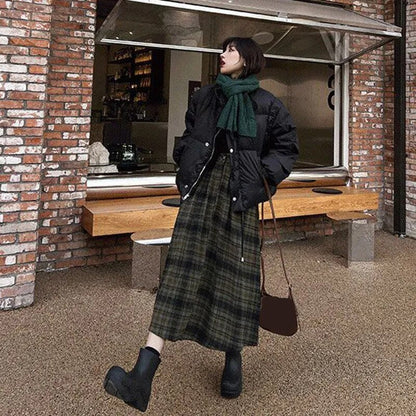 maoxiangshop Autumn Winter Woolen Plaid Skirt for Women Vintage High Waist Midi Skirts Woman A-Line Pleated Long Skirts Female