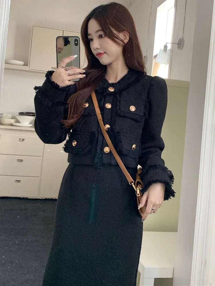 Spring Casual Tow Piece Sets Women White Short Tweed Jacket + Fashion Korean Long Skirt Female Elegant Chic Slim Sweet Suit