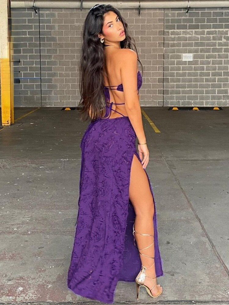 Sexy Lace Up Crop Top Split Long Skirt Purple 2 Piece Sets Women Summer Backless Matching Sets Beach Holiay Lady Dresses