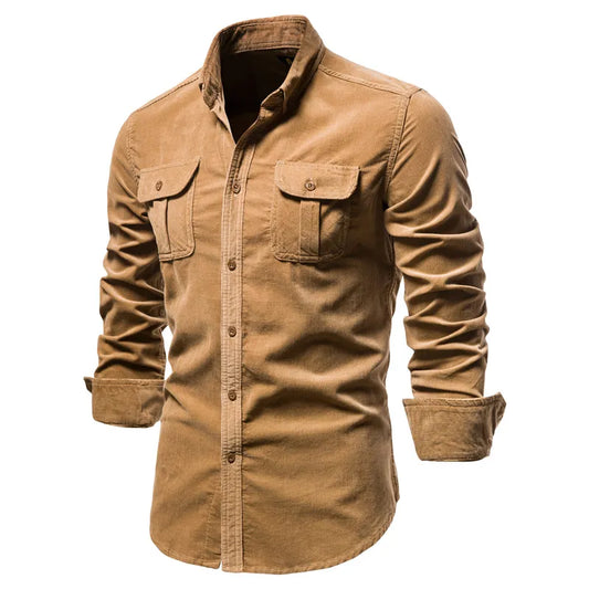maoxiangshop New Men's Shirt Fashion Corduroy Shirts Men Business Casual Single Breasted Cotton Men Shirts Solid Color Slim Fit Full Top