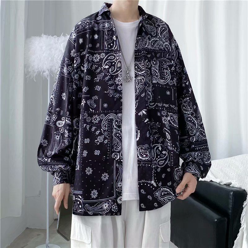 maoxiangshop Men's Clothing Turn-down Collar Handsome Long Sleeve Button Spring Summer Thin Man Printing Loose Streetwear Casual Korean