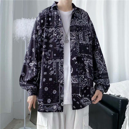 maoxiangshop Men's Clothing Turn-down Collar Handsome Long Sleeve Button Spring Summer Thin Man Printing Loose Streetwear Casual Korean