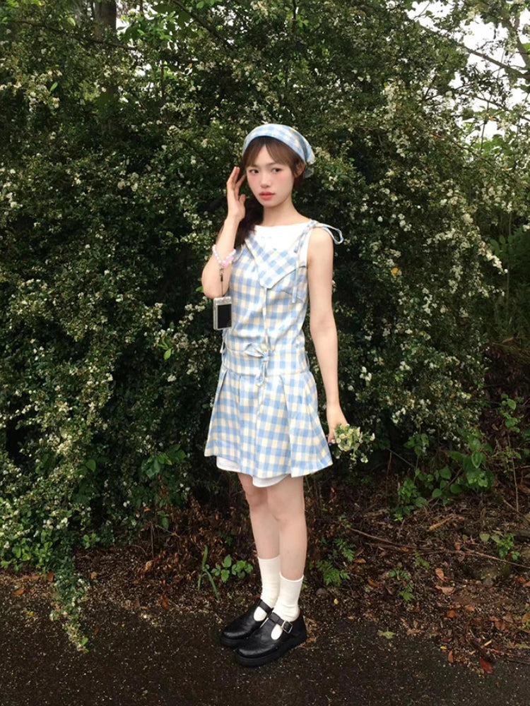 maoxiangshop  -  2000s Vintage Blue Plaid Fake Two Piece Dress Women Casual Retro Y2k Mini Dress Summer 2024 Japanese Fashion Sweet Cute Dress