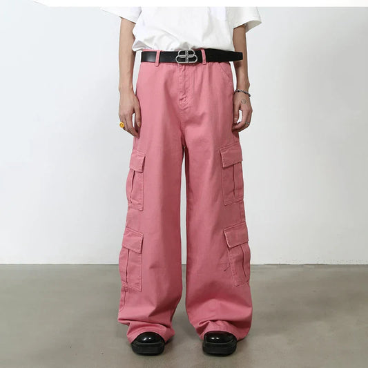 maoxiangshop Pink Cargo Jeans Pants Men Oversize Wide Leg Denim Trousers Male Loose Casual Japanese Streetwear Hip Hop Pocket