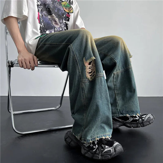 maoxiangshop Men's Hip Hop Ripped Hole Jeans Korean Handsome Casual Pants High Street Straight Loose Wide Leg Jeans Vintage Blue Baggy Jeans