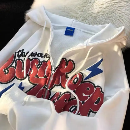 American Retro Zip Up Graphic Hoodies Women Streetwear Loose Letter Printed Hooded Sweatshirts Hiphop Thin Top