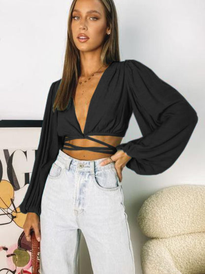 Summer New Temperament Solid Color Women's Breathable Lantern Sleeves Sexy V-neck Strappy Cardigan Cropped Top Sunscreen Shirt