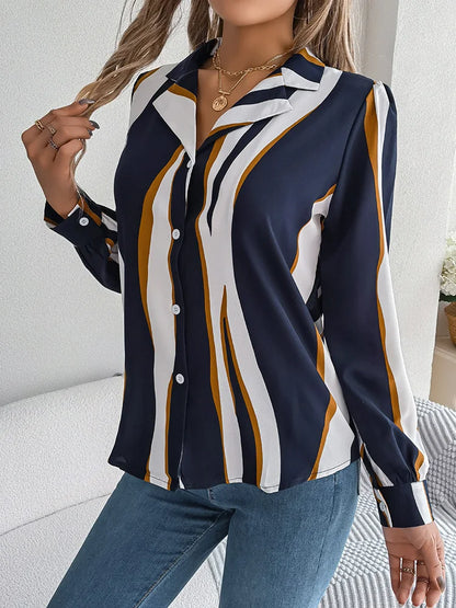 maoxiangshop Elegant Striped Women's Shirt Autumn Puff Long Sleeve Tops Youth Black Shirts & Blouses Casual Button Blouse New Collection