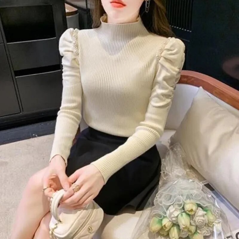 maoxiangshop Pearls Puffe Sleeve Knit Sweater Women Autumn Winter Pleated Slim Fit Knitwear Woman Half High Neck Pullovers Female