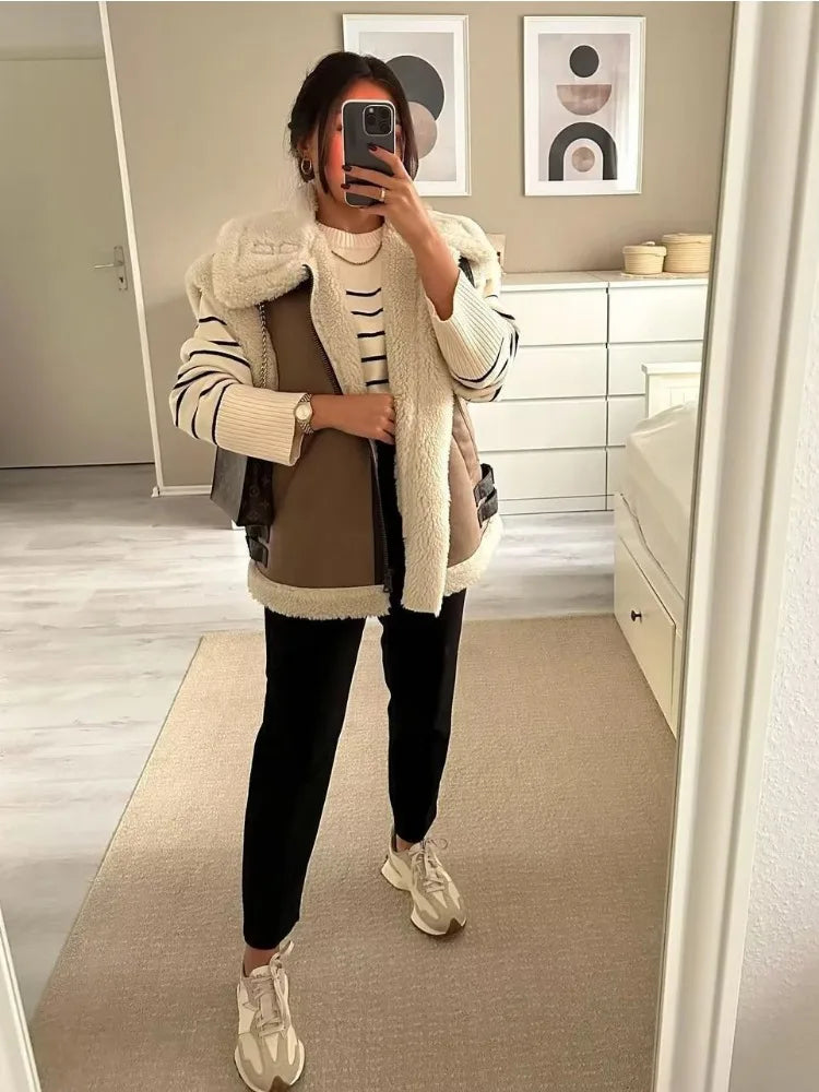 maoxiangshop  -  Winter Pocket Zipper Vestidos Female Sleeveless Lapel High Waist Patchwork Contrast Slim Outwear For Women V-Neck Vestidos