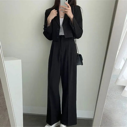 maoxiangshop Two Piece Sets Women Outifits Fall Office Lady Pants Korean Blazer Suits Long Sleeve Fashion Coat Black High Waisted Pants