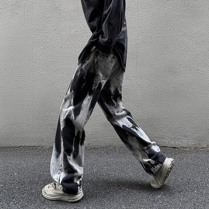 maoxiangshop Tie-dye Jeans Men High Street Straight Denim Pants Men Baggy Fashion Trend Jean Pants Mens Wide-leg Trousers BF Clothing