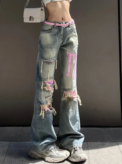 Vintage Blue Ripped Baggy Jeans Women Denim Trousers 2000s High Waist Y2k Streetwear Female Punk Wide Leg Pants Female Clothes