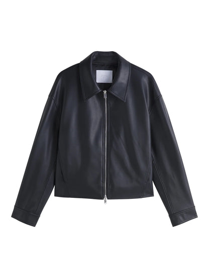 maoxiangshop Lapel Solid Leather Jacket For Women 2024 Autumn New Design Loose Coat Cool Girl Jacket Top Coat For Female