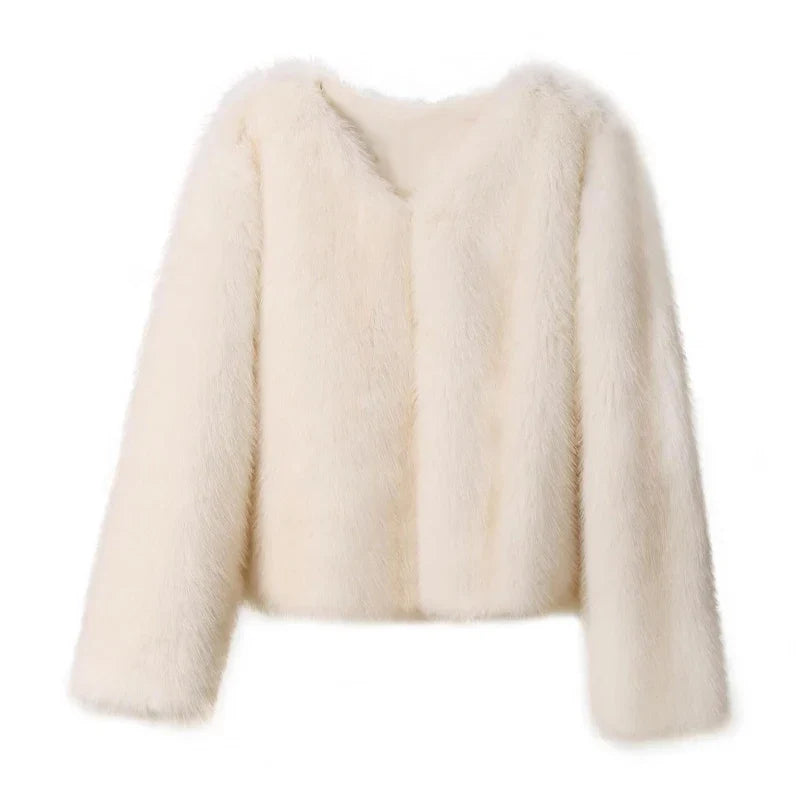 maoxiangshop  -  Short Faux Fur Coats Women Plush Autumn Winter O-neck Open Stitch Loose Women's Coat Long Sleeve Casual Jacket Female Streetwear