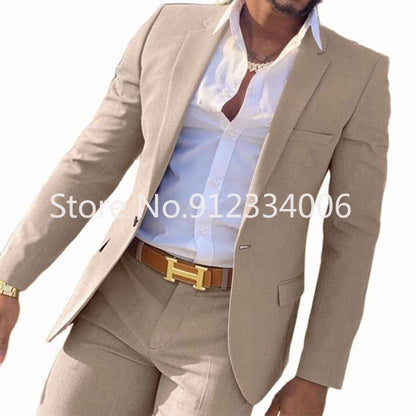 maoxiangshop 2 Pieces Beige Suit for Men Slim Fit Wedding Groom Tuxedo Groomsmen Suits Male Fashion Smoking Costume Homme Blazer with Pants