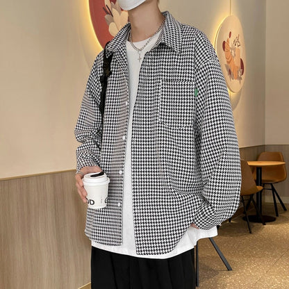 Legible Spring Autumn Long Sleeve Shirts Men Casual Loose Turn Down Collar Plaid Shirt Man