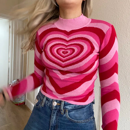 maoxiangshop All My Heart Jumper Mock Neck Knitted Pullover Sweater Women e-Girl y2K 90s Aesthetic Clothes