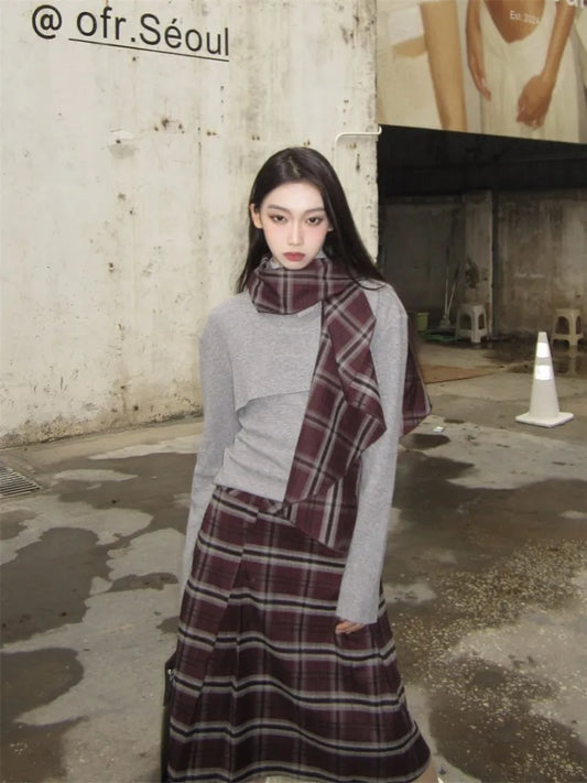 maoxiangshop  -  Retro Grey Set Women'S Autumn/Winter New Collection Stacked Collar Knitted Top With Checkered Half Skirt Two Piece Set